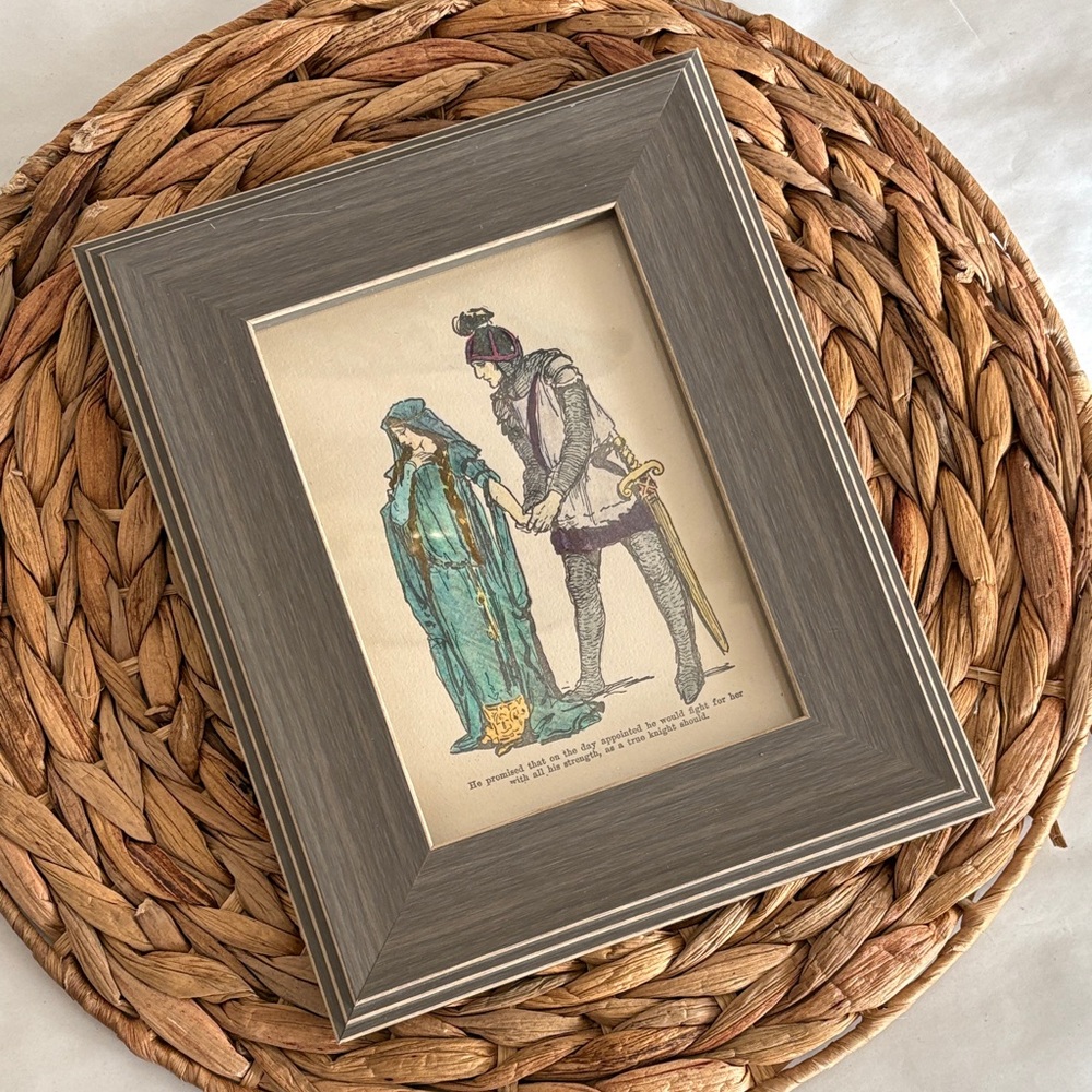 Framed Sir Lancelot Queen Guinevere Medieval watercolor Art  King Arthur